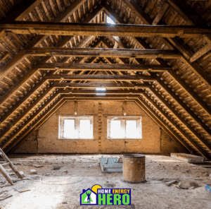 Bare attic with no insulation and 2 windows.